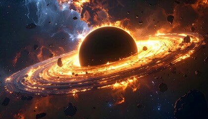 Ringed planet with fiery halo in space, amid floating asteroids and nebula, against a dark star-filled backdrop