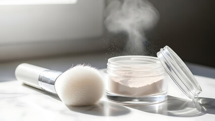 Close-up of a soft makeup brush next to an open jar of loose face powder with a visible cloud of dust rising, bathed in natural light.