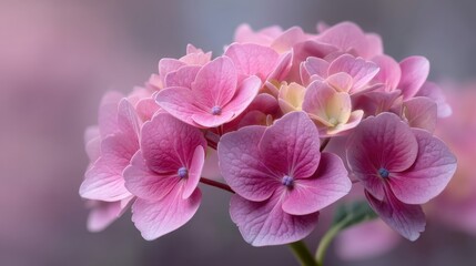 Beautiful close-up of pink hydrangea flowers in soft focus, showcasing delicate petals and ethereal pastel colors for nature and floral themes
