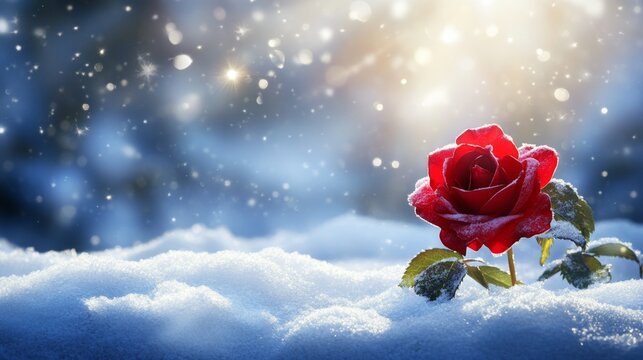 Stunning Blooming Rose Surrounded by Soft White Winter Snow, Nature s Beauty in Cold Contrast