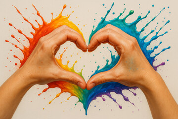 Hands forming heart with vibrant rainbow paint splash