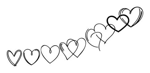 Collection of black line drawn hearts in a row flowing upwards representing love and romance for greetings and decorations