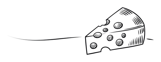 Sketch of a wedge of cheese with holes and a trailing line, perfect for foodrelated promotions and visual content.