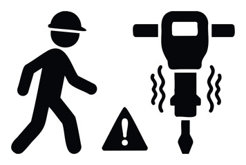 Construction worker icon and jackhammer symbol with warning triangle signifying safety precautions and industrial work zone awareness for building projects and hazard alerts