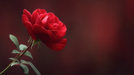 Fototapeta premium Vibrant Red Rose Bloom with Soft Background Highlighting Petals and Green Leaves, Captured in Natural Light, Ideal for Romance and Beauty Themes