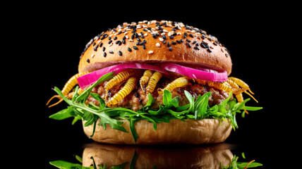 Unappetizing hamburger with deep fried bugs and crickets