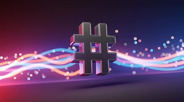3D hashtag symbol floating in a vibrant, colorful digital background with flowing light trails