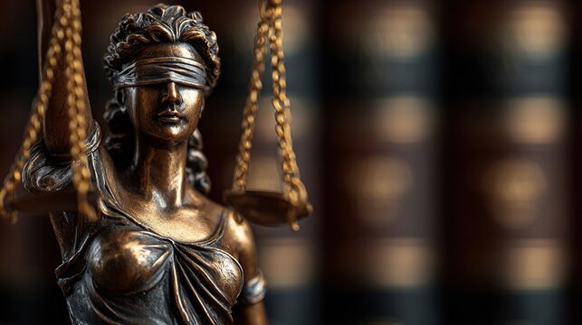 Bronze lady justice statue holding scales, symbol of law