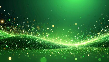 Sparkling emerald waves glisten with radiant gold highlights on a softly blurred green backdrop, creating ethereal magic
