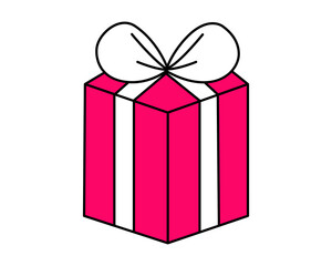 Pink festive gift box with ribbon bow, cute holiday present illustration and cheerful celebration element in bright playful graphic style. Vector illustration.