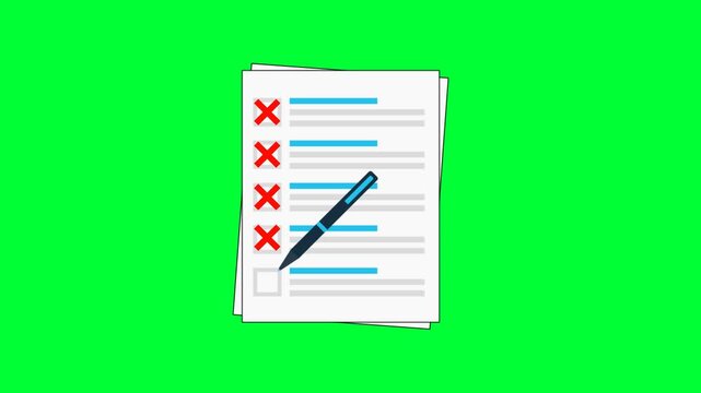 incorrecting Tick Checklist Mark Box on Peper with Pen animation - Checklist Tick Mark Animation Video green background