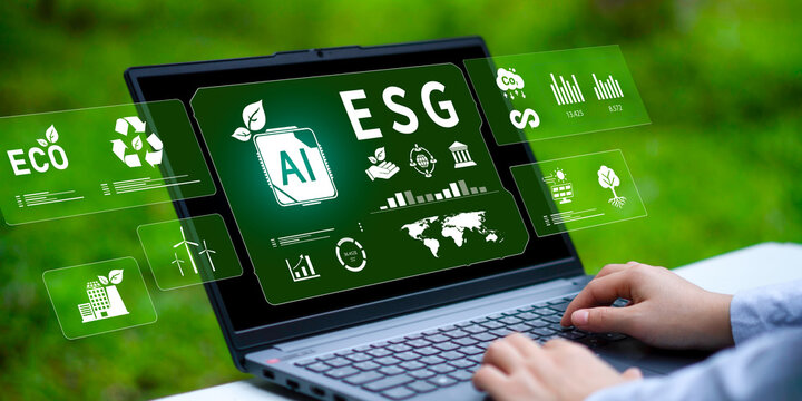 Businessman analyzing environmental, social, and governance data on a digital interface to drive ethical and sustainable investment decisions. - Powered by Adobe