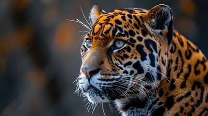 Obraz premium Majestic jaguar portrait with piercing blue eyes and distinctive spotted coat pattern against blurred natural background for wildlife photography projects.