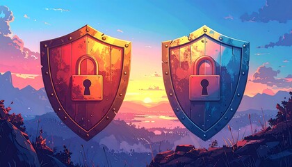 Two shields, one red-orange, one blue, floating above a landscape with a sunset in the background