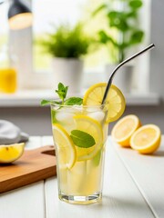 Fresh Lemonade with Mint and Ice on White Table