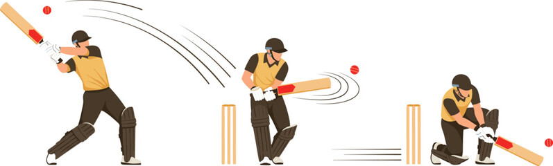 Cricket batting technique trio illustration—vector of follow-through, straight bat, and low shot with stumps and gear