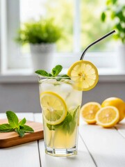 Fresh Lemonade with Mint and Ice on White Table