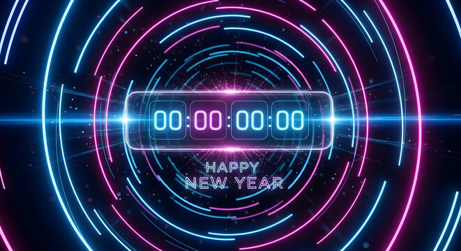 Countdown To A Bright New Year With Neon Lights And A Digital Clock Display - Powered by Adobe