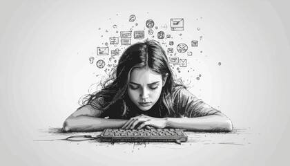 Digital Mindscape Young girl focused on keyboard, surrounded by dynamic swirl of abstract digital icons, symbolizing information, data, and technological engagement