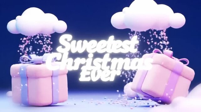 kawaii 3d animation of floating marshmallow clouds releasing sparkly snow plush gift boxes spinning slowly pastel neon highlights and glowing text reading sweetest christmas ever