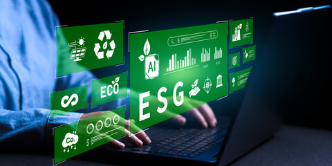 A professional actively managing and implementing Environmental, Social, and Governance policies shown through interactive digital graphics on a device.