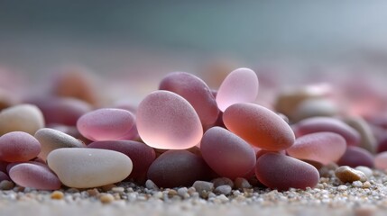 Smooth, Multicolored Pebbles on Sandy Beach Surface with Soft Sunlight Reflections, Natural Textures and Serene Background Atmosphere