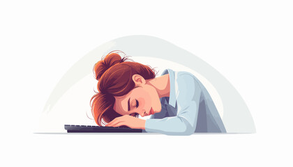Vector illustration of a fatigued professional woman asleep on her keyboard, symbolizing the intense pressures and exhaustion often experienced in a demanding work environment