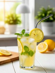 Fresh Lemonade with Mint and Ice on White Table
