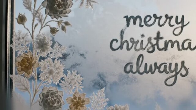 korean minimal aesthetic christmas window scene with frosted glass texture and pale florals slowly blooming