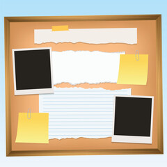 Bulletin board template with empty photo frame, blank paper and sticky notes Vector illustration	