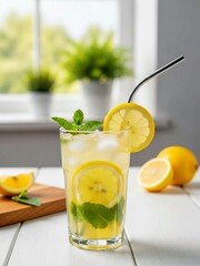 Fresh Lemonade with Mint and Ice on White Table