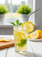 Fresh Lemonade with Mint and Ice on White Table