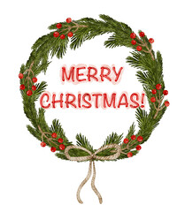 Green christmas wreath with red berries and Merry Christmas text, holiday greeting card.