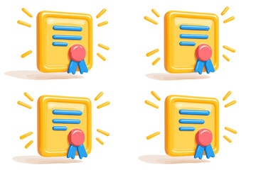 Set of four iconic award certificates with blue ribbons on yellow background