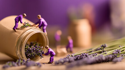 Miniature workers harvest lavender, delicately placing sprigs in a jar. Purple blooms abound, creating a whimsical, fragrant scene. A touch of magic in everyday tasks.