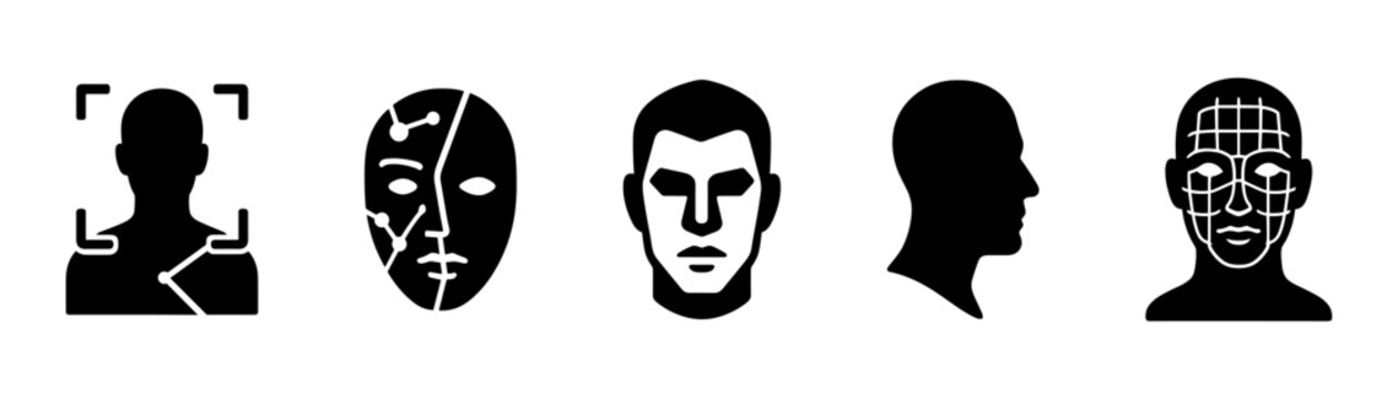 Biometric portraits silhouette icons set, face scan, profile and mask grid