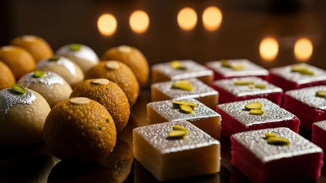 Assortment of indian sweets mithai like ladoo and barfi, decorated with silver leaf and pistachio, with warm bokeh background lights, 4k video