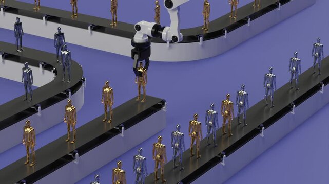 Loop animation of Automated Production Line with Human-Like Mannequins and Robotic Arm Loop