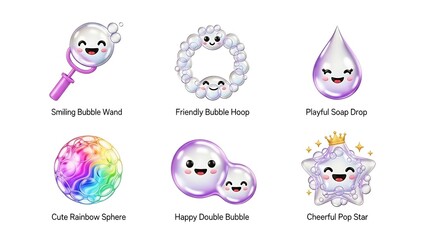 Cartoon bubbles and spheres with smiling faces on white