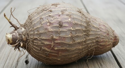 Raw taro root tuber with textured skin resting on a rustic wooden surface, fresh and ready for cooking.