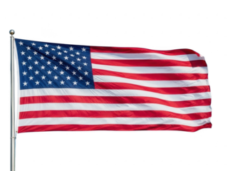 American flag waving in the wind on a clear day with vibrant red and white stripes and blue field isolated on transparent background