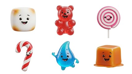 Fototapeta premium Cartoon candy characters on white whimsical sweets concept
