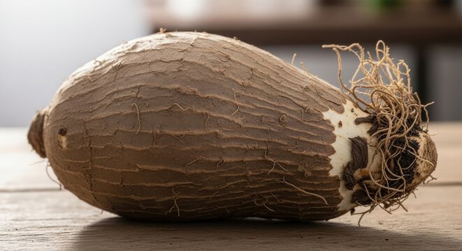Fresh raw taro root tuber with fibrous roots lying on a rustic wooden table, close-up studio shot