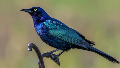 Iridescent bird with blue and green plumage perched on a curved metal rod, blurred green background