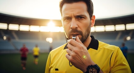 Man referee blowing a whistle during a soccer game. Sport and competition concept for stadium match day. Professional sports official in action.
