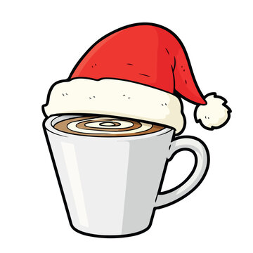 Coffee cup wearing Santa hat, cartoon vector illustration