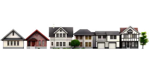 Row of diverse houses with varied architectural styles isolated on a transparent background