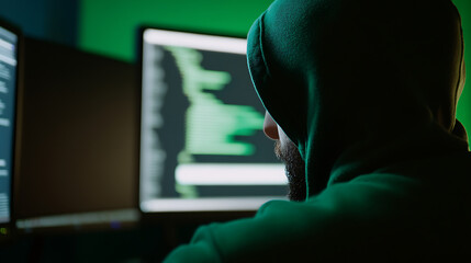 Hooded figure at computer monitors displaying code. Hacker or programmer working in a dimly lit room with multiple screens. Mysterious and anonymous coding session.