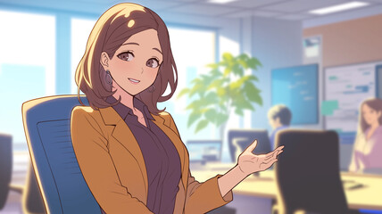 笑顔でデスクワークに取り組む若いビジネスウーマン｜明るいオフィスの雰囲気を伝えるアニメ風イラスト素材｜ビジネス、仕事、企業、キャリア、働く、職場、事務、女性、社内環境に使いやすい