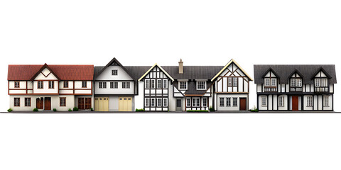 Row of Tudor style houses on white background png isolated on a transparent background